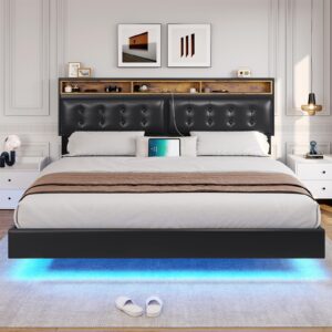 DICTAC Floating King Bed Frame with Led Lights and Storage Headboard King Size LED Bed with Charging Ports Visual Floating Platform Bed with Wood Slats,Faux Leather,No Box Spring Needed,Black