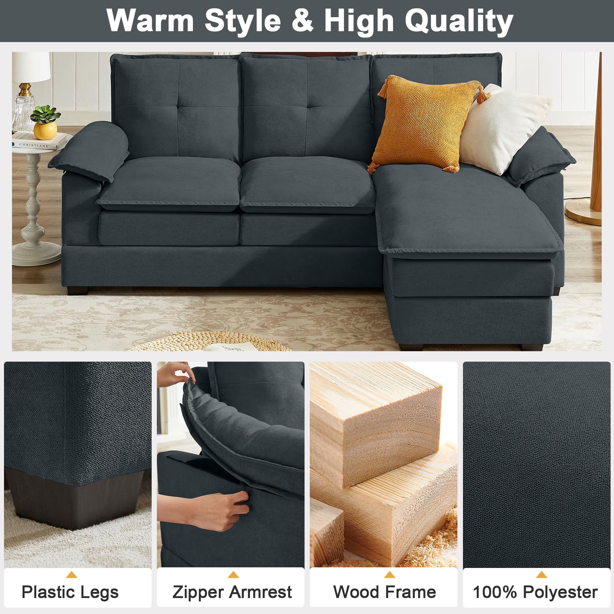 Jarenie Upholstered Cloud Couch Sectional, 82" Modern Sofa with Ottoman Convertible, 3 Seater L Shaped Couch Modular Floor Sofa