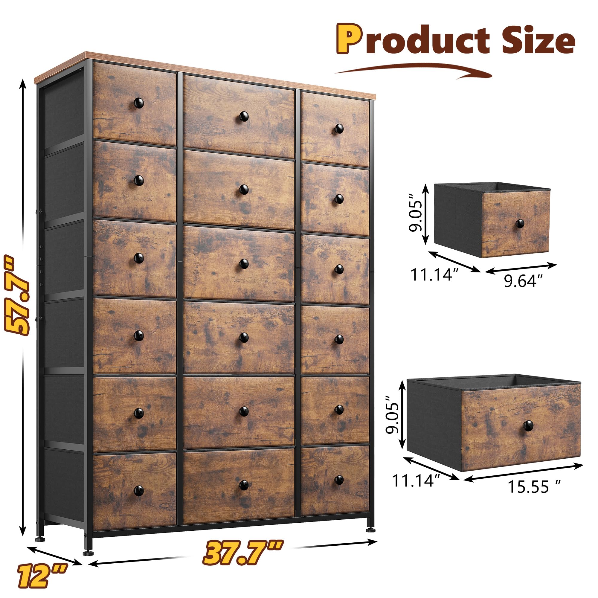 EnHomee 57.7" Dresser,Tall Dressers for Bedroom with 18 Drawers，Dressers & Chests of Drawers， Fabric Dresser with Wooden Top & Metal Frame,Living Room, Closet,Hallway,Rustic Brown