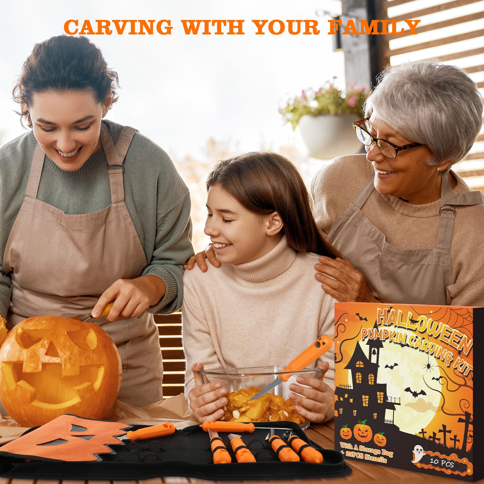 imarku Halloween Pumpkin Carving Kit, 10 PCS Professional Carving Knife with Unique Storage Bag and 25 PCS Pumpkin Carving Stencils, Stainless Carving Tools for Halloween Decorations, Home Essentials