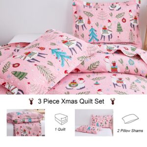 Christmas Bedspread Coverlets Twin Size Girls Quilt Set Xmas Pink Alpaca Bedding Kids Lightweight Bedspread Reversible Quilts Christmas Holiday Bed Cover Set，1 Quilt and 2 Pillow Shams