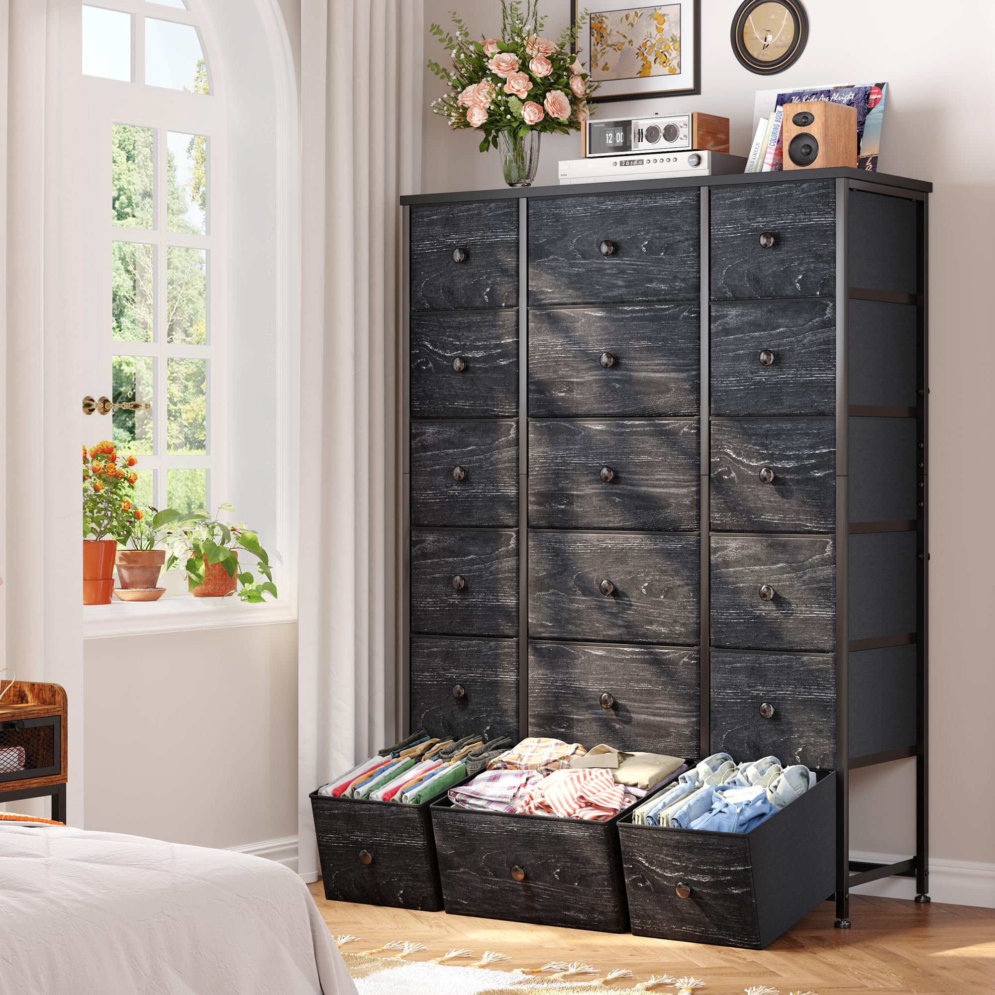 EnHomee Tall Dresser,Dressers for Bedroom with 18 Drawers,Dressers & Chests of Drawers Fabric Dresser with Wooden Top & Metal Frame,Living Room,Closet,Hallway, Black Wood Grain,57.7" H*37.8" W*12" D