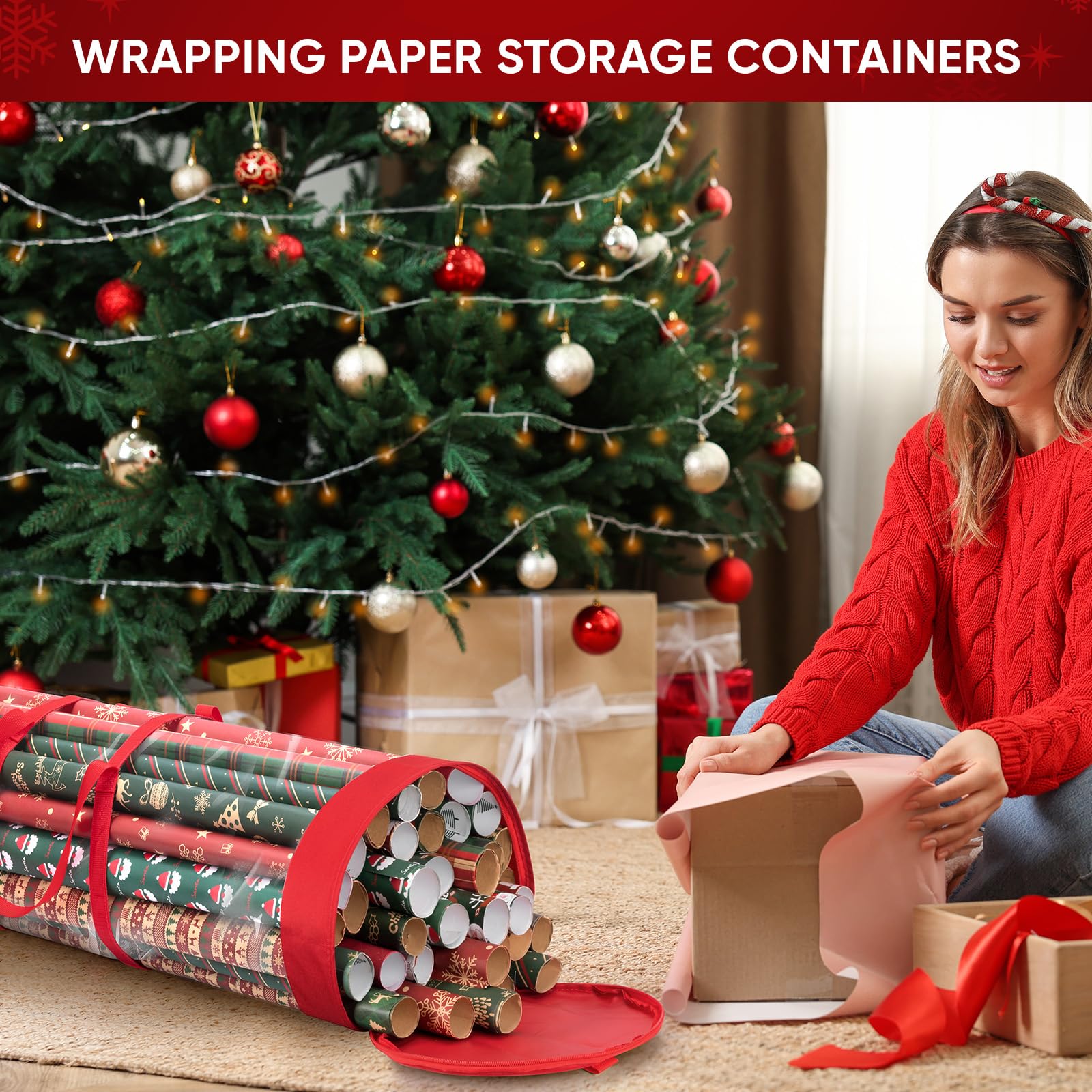 BALEINE Christmas Wrapping Paper Organizer Storage, 41" Gift Wrapping Paper Storage Containers, Clear PVC with Durable 600D Oxford Fabric Gift Wrap Paper Holder Fits 18-25 Rolls, Grey