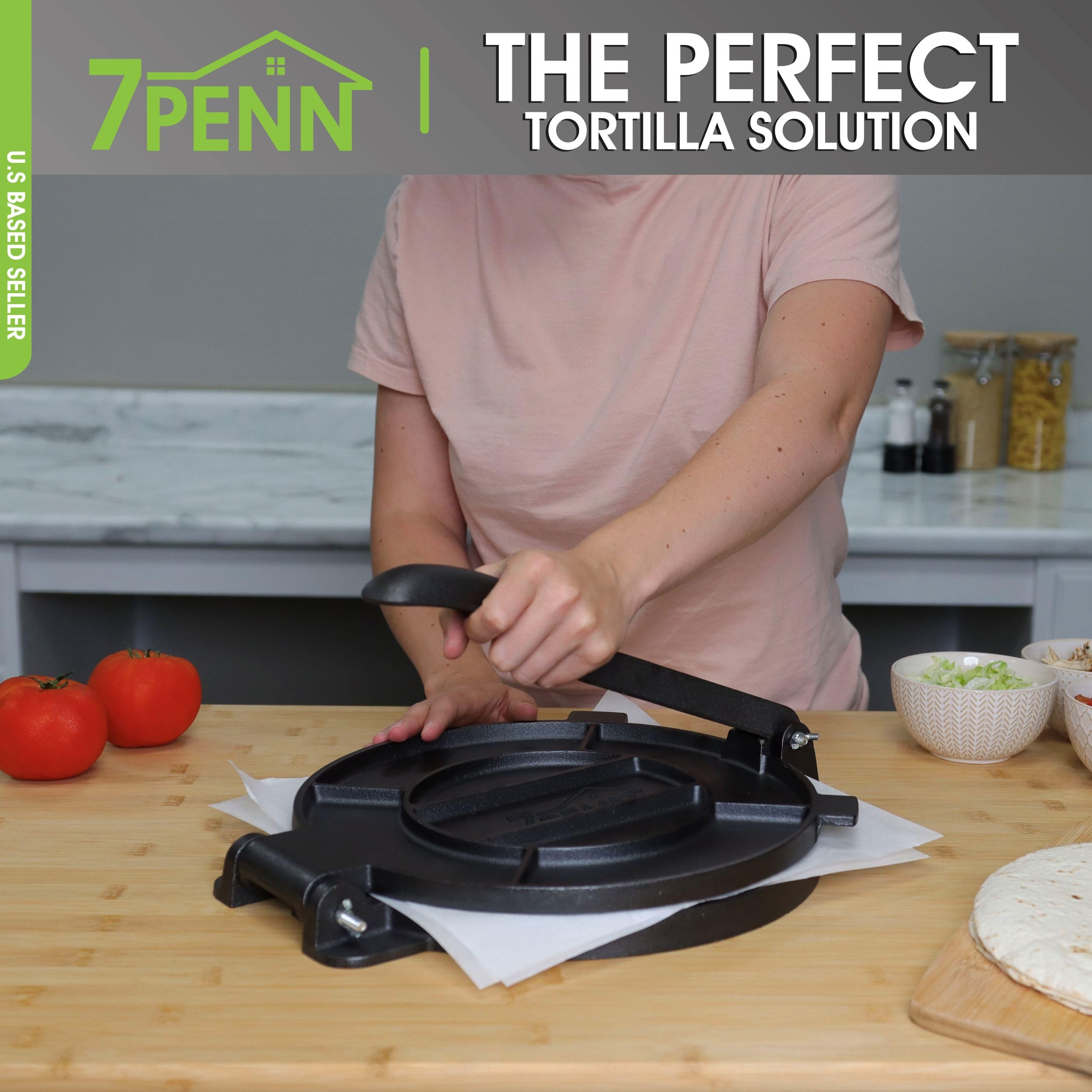 7Penn Tortilla Press 12 inch - Cast Iron Manual Roti Maker Dough Press for Corn Tortillas, Tamales, Chapati, Naan Bread, Pizza Dough with 50 Parchment Paper Sheets