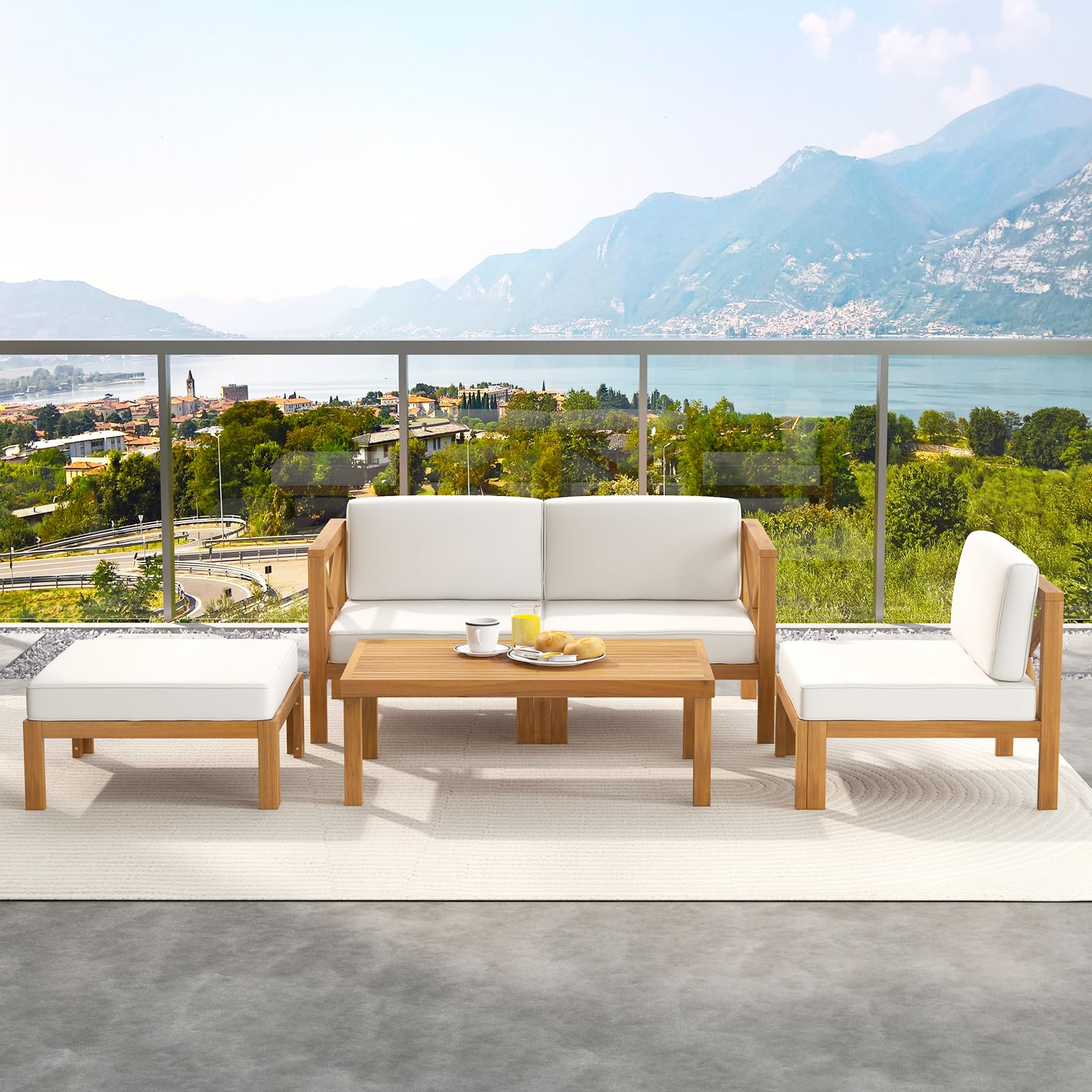 Tangkula 5 Piece Outdoor Conversation Furniture Set, Acacia Wood Sectional Sofa Set with 3 Chairs, 1 Ottoman & 1 Coffee Table, Patio Cushioned Sofa Set for Porch, Yard, Poolside (Off White)