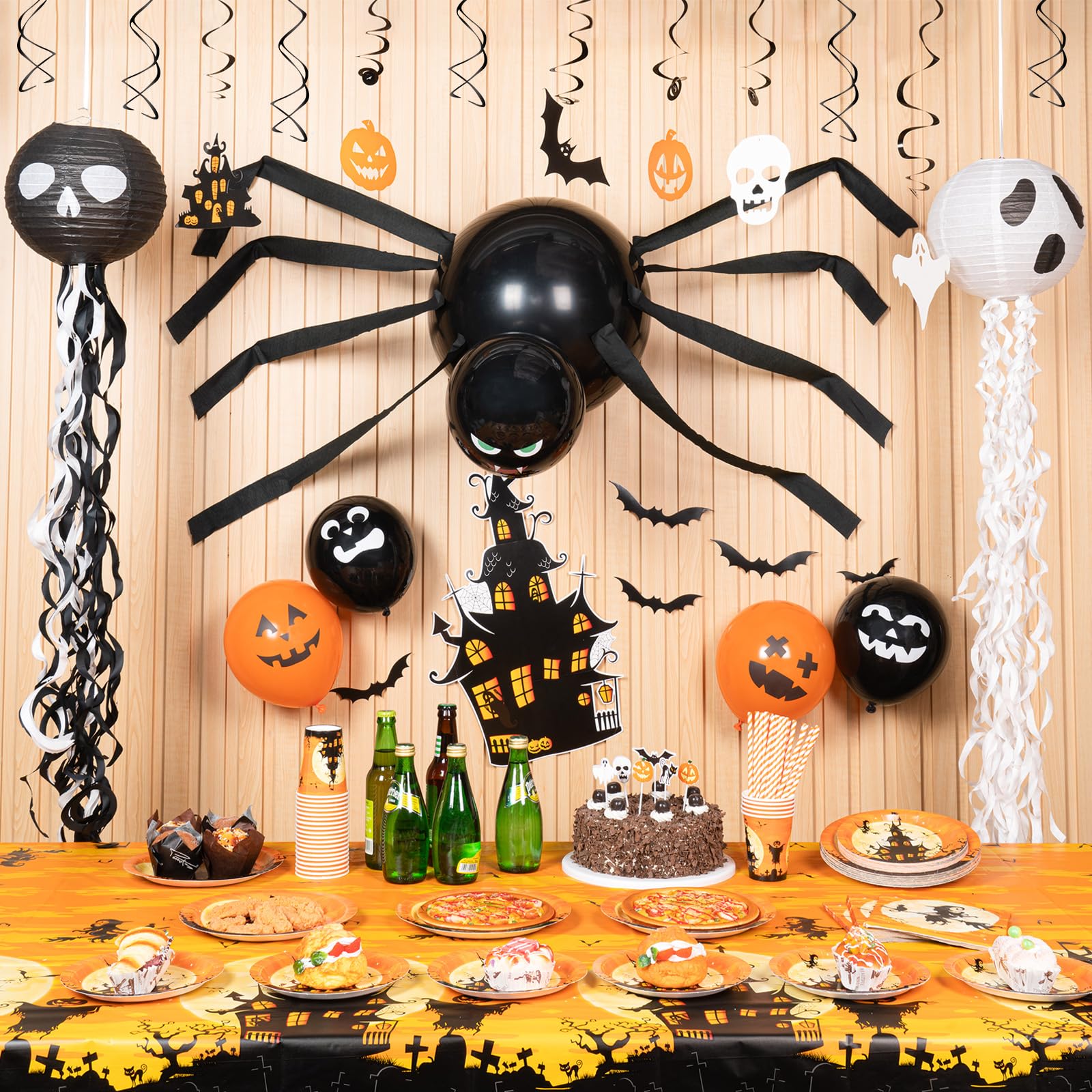 DECORLIFE Halloween Party Decorations - Halloween Decoration Indoor with Happy Halloween Banner, Halloween Swirls, Lanterns, Castle Bats Spiders Web Balloons - Halloween Decor for Home Classroom Car