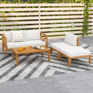 Tangkula 5 Piece Outdoor Conversation Furniture Set, Acacia Wood Sectional Sofa Set with 3 Chairs, 1 Ottoman & 1 Coffee Table, Patio Cushioned Sofa Set for Porch, Yard, Poolside (Off White)