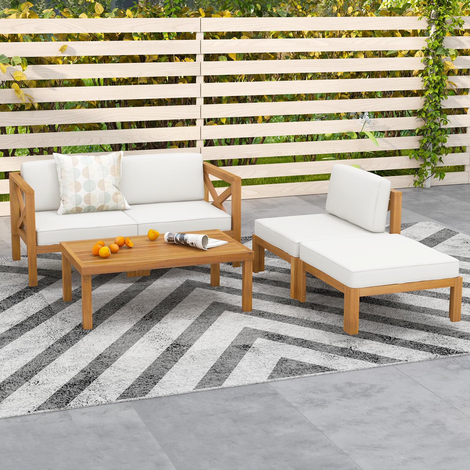 Tangkula 5 Piece Outdoor Conversation Furniture Set, Acacia Wood Sectional Sofa Set with 3 Chairs, 1 Ottoman & 1 Coffee Table, Patio Cushioned Sofa Set for Porch, Yard, Poolside (Off White)