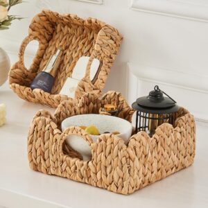 VILSSOVY Scalloped Basket, 2 Packs Hyacinth Storage Baskets for Storage, Woven Water Hyacinth Scallop Baskets with Handles, Decorative Basket for Bedroom, Living Room