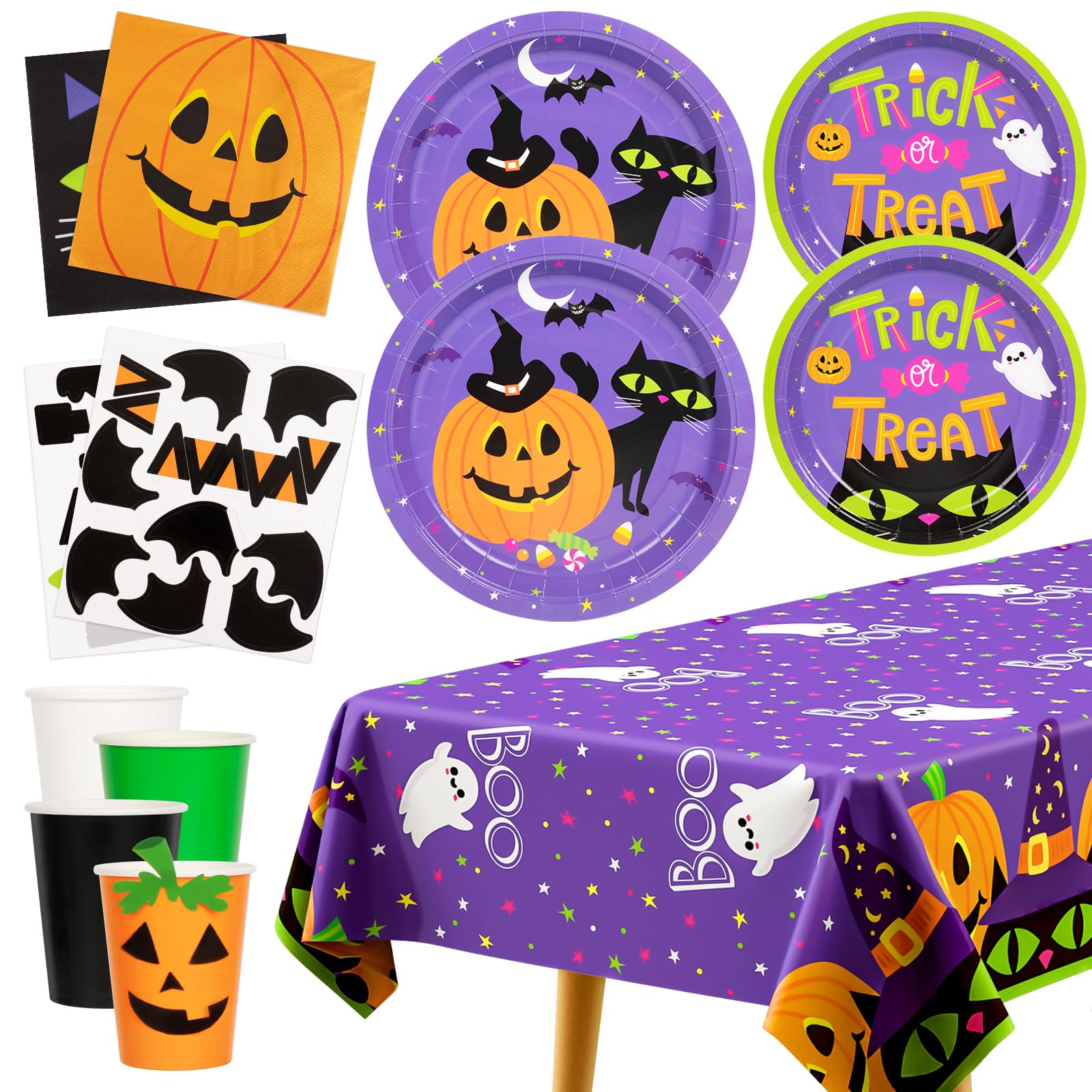 DECORLIFE 131 Pcs Halloween Party Supplies, Dinnerware Set Includes Halloween Plates and Napkins Tablecloth Cups DIY Stickers - Pumpkin Ghost Halloween Birthday Party Decorations for Kids, Serve 24