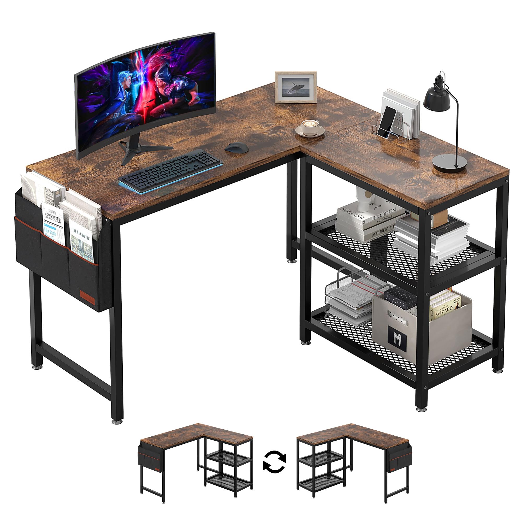 VECELO L Shaped Desk, 47 Inch Computer Gaming Study Writing Table, Home Office Workstation with Storage Shelves & Bag