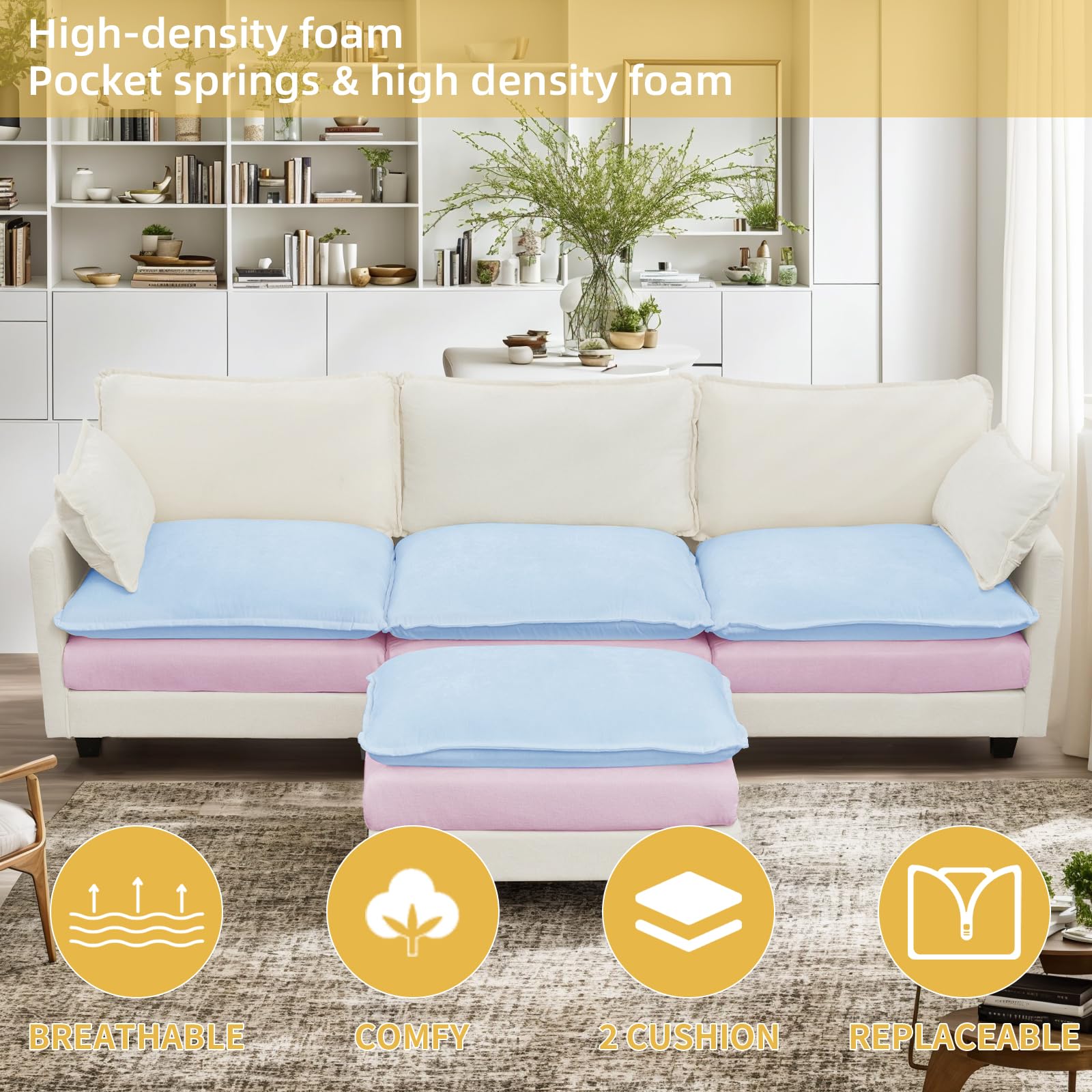 Modern Cloud Couch,Deep Seats L-Shaped Chenille Sofa Sleeper with Ottoman,3-Seat Modular Sectional Couch,Comfy Home Couch for Living Room, Apartments,Studio Lounge Sofas Furniture (White, 113"3 Seat)