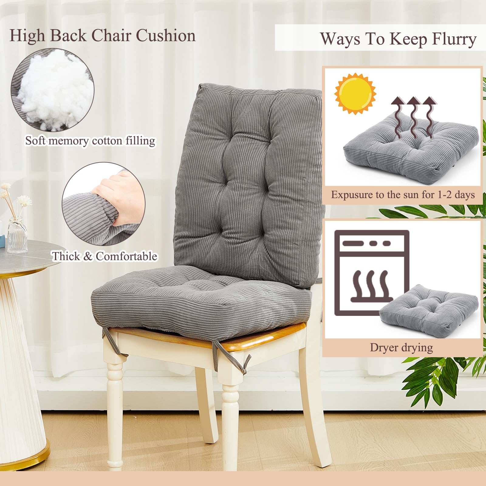 Juexica 2 Set Rocking Chair Cushion Tufted Pads Non Skid Slip Backed Set of Upper and Lower with Ties Velvet Chair Pads for Winter Indoor Home Office(Light Gray)