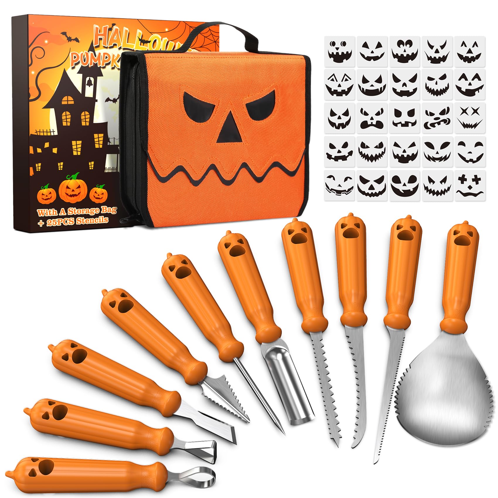 imarku Halloween Pumpkin Carving Kit, 10 PCS Professional Carving Knife with Unique Storage Bag and 25 PCS Pumpkin Carving Stencils, Stainless Carving Tools for Halloween Decorations, Home Essentials