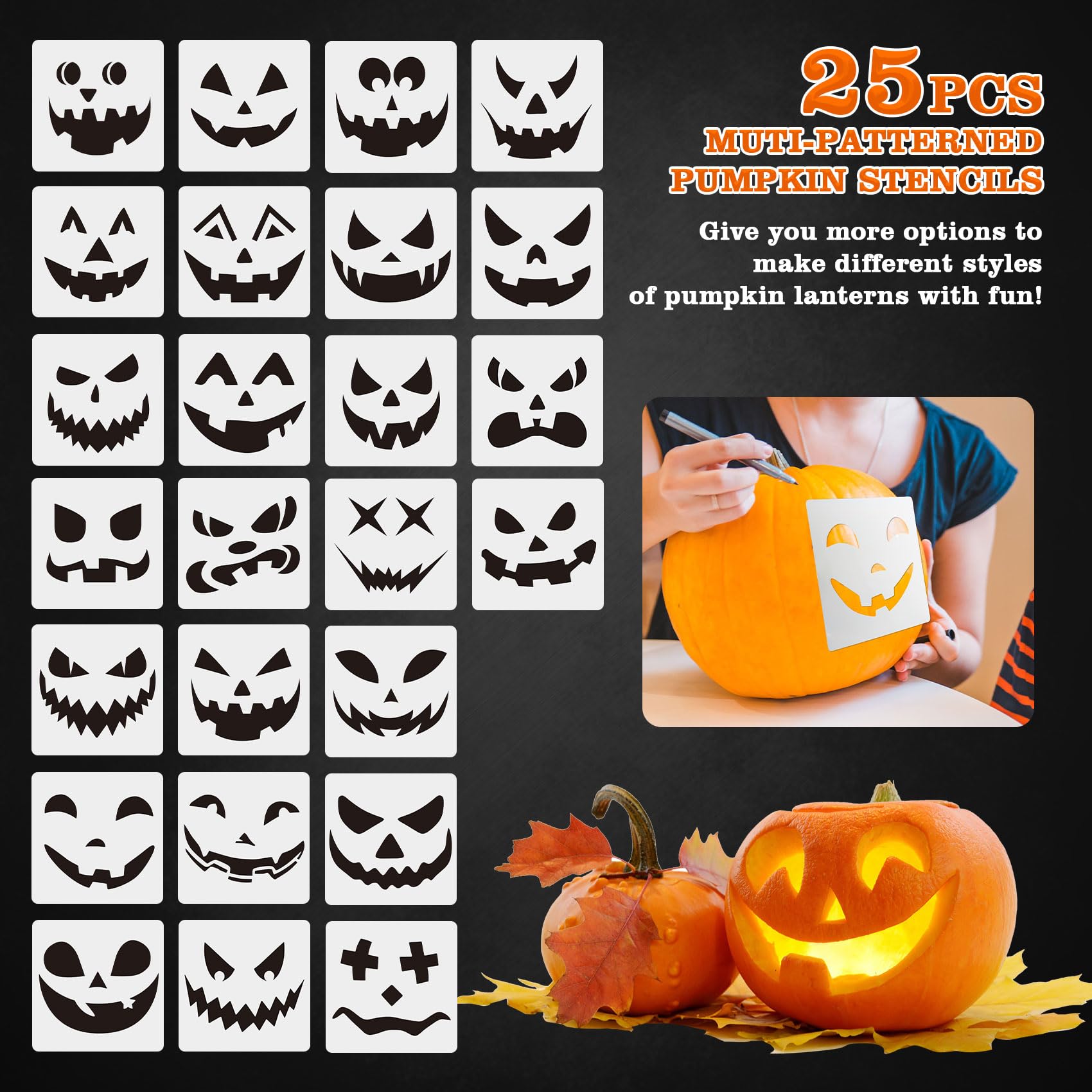 imarku Halloween Pumpkin Carving Kit, 10 PCS Professional Carving Knife with Unique Storage Bag and 25 PCS Pumpkin Carving Stencils, Stainless Carving Tools for Halloween Decorations, Home Essentials