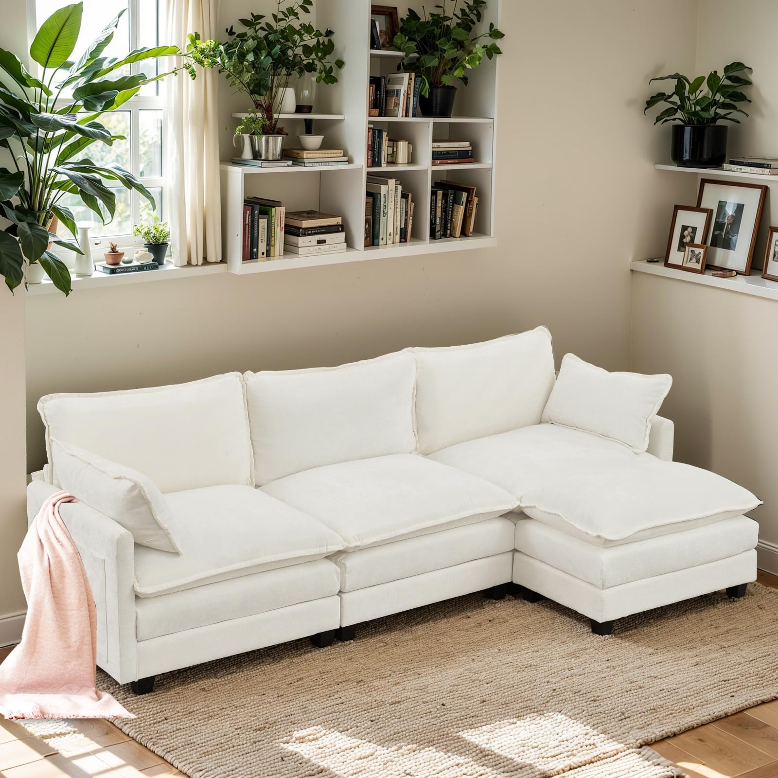 Modern Cloud Couch,Deep Seats L-Shaped Chenille Sofa Sleeper with Ottoman,3-Seat Modular Sectional Couch,Comfy Home Couch for Living Room, Apartments,Studio Lounge Sofas Furniture (White, 113"3 Seat)