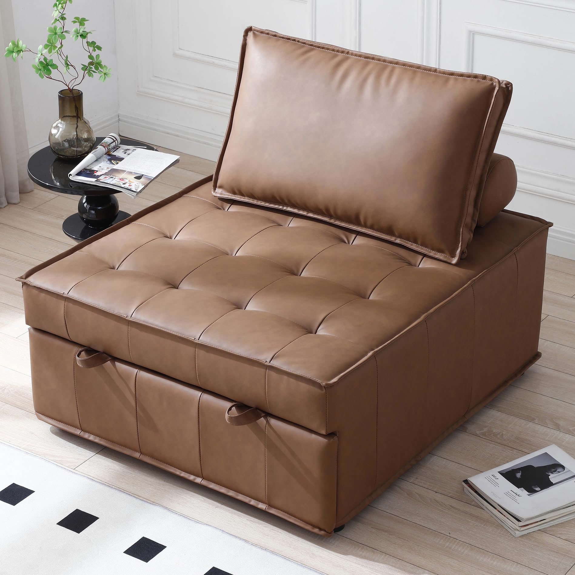 39" Convertible Sofa Bed Chair Ottoman Sleeper Chair Lounge Fold-Out Bed Compact Sleeper Space-Saving Ottoman Bed Modern Tufted Armless for Living Room Office Bedroom Brown PU Leather