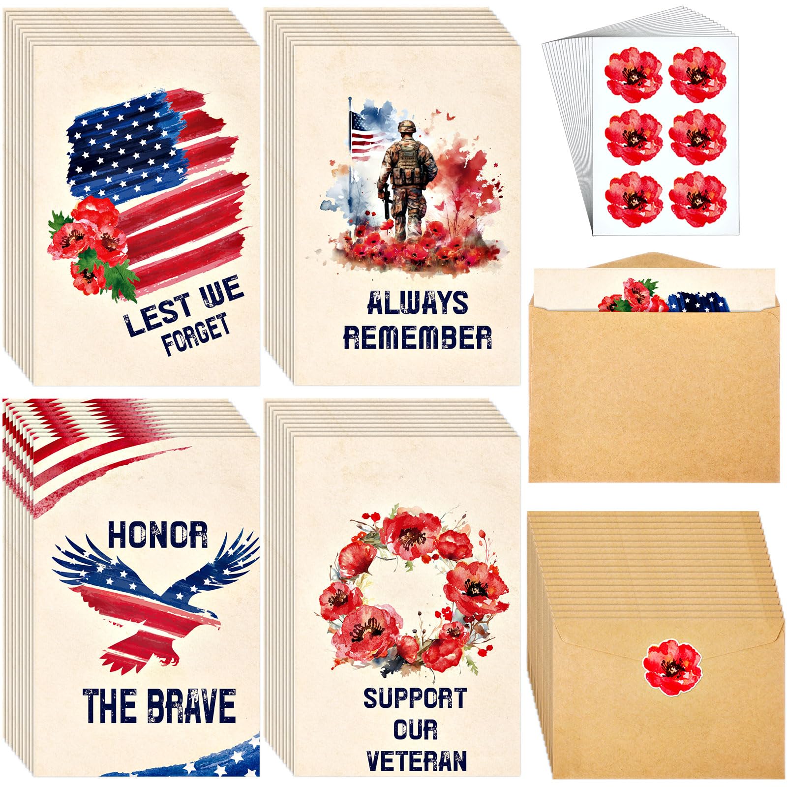 Watersay 100 Sets Veteran Thank You Cards with Envelopes and Stickers Military Appreciation Note Cards Memorial Day Watercolor Cards 4 x 6 Inch Blank Cards Bulk for Veterans Memorial Day