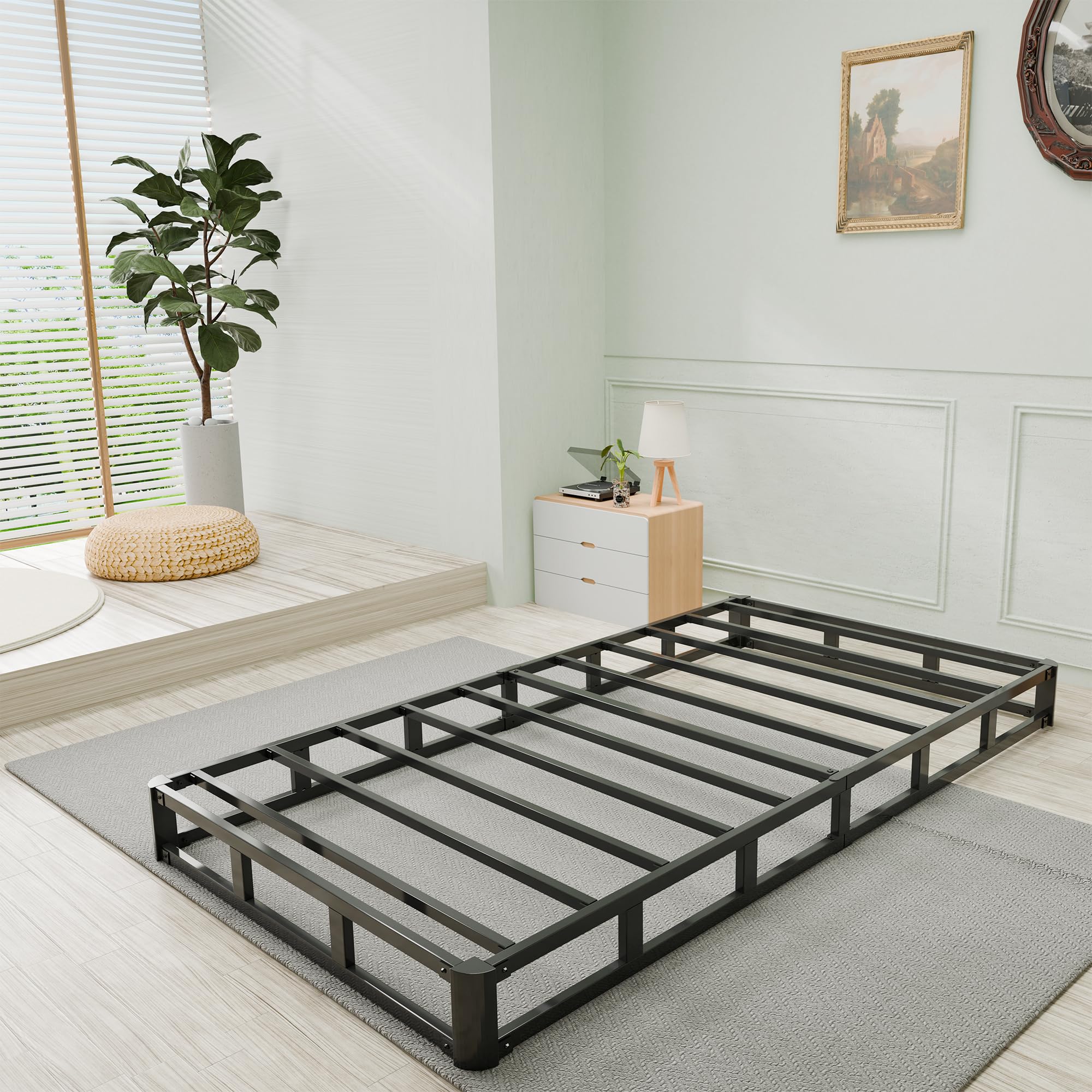 HOBINCHE 6 Inch Twin Bed Frame with More Steel Slat Support,Low Profile Twin Metal Platform Bed Frame with Round Corner Edges Support Mattress Foundation,No Box Spring Needed/Easy Assembly/Noise Free