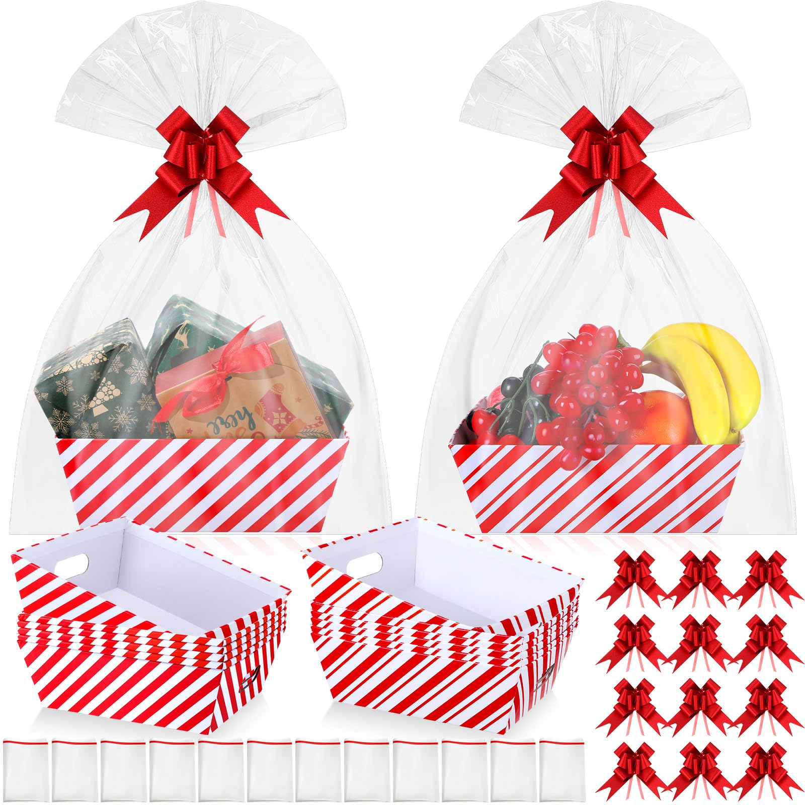 Wonderjune 12 Pcs Christmas Basket for Gifts Empty Set 9.8 x 8.3'' Large Empty Gifts Baskets to Fill,Red Candy Stripe Cardboard Basket with Handles Bows Plastic Bags for Xmas Party Holiday Decor