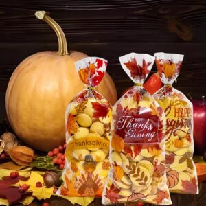 QOIUSO Thanksgiving Gift Bags Cellophane Bags: 50 Pcs Thanksgiving Treat Bags for Goodie Cookies Snacks and Gift Wrapping, Clear Candy Bags with Twist Ties Thanksgiving Party Favors Bags - 4 Style