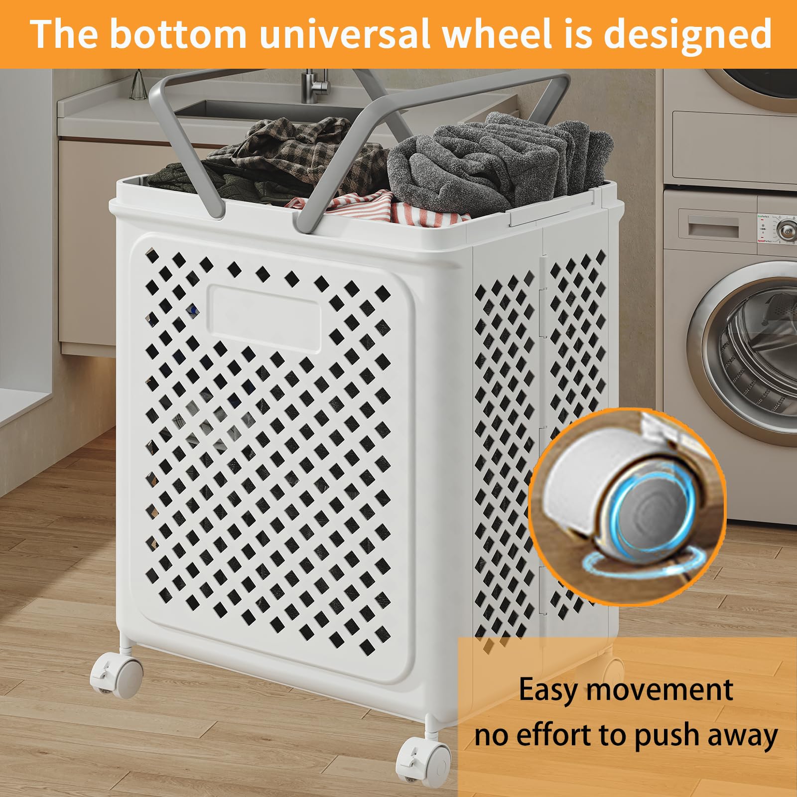 Desricy Collapsible Laundry Basket with Wheels and Handle, 50L Foldable Rolling Laundry Cart, Versatile Plastic Laundry Hamper, Dirty Clothes Hamper for Dorm, Bedroom and Bathroom, White