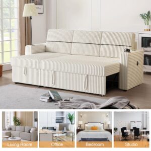 CAPCAEK 85" Corduroy Sofa Bed with Storage Chaise, L Shaped 3 Seat Sectional Couch, Pull Out Sleeper Sofabed with Cup Holders & USB Charge Port for Living Room, Office, Apartment (Beige)