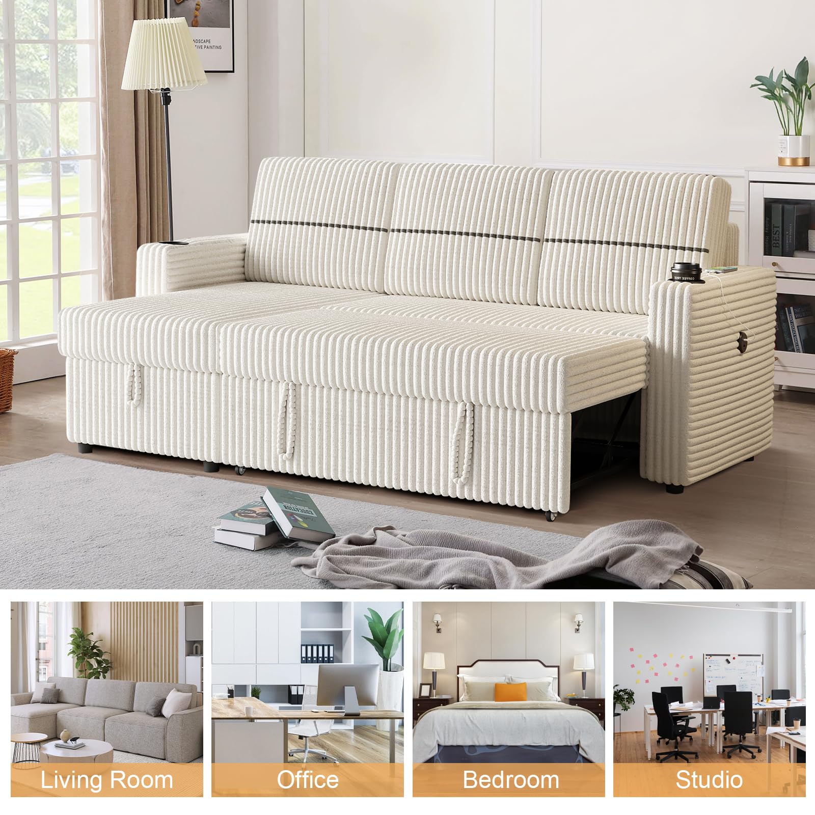 CAPCAEK 85" Corduroy Sofa Bed with Storage Chaise, L Shaped 3 Seat Sectional Couch, Pull Out Sleeper Sofabed with Cup Holders & USB Charge Port for Living Room, Office, Apartment (Beige)