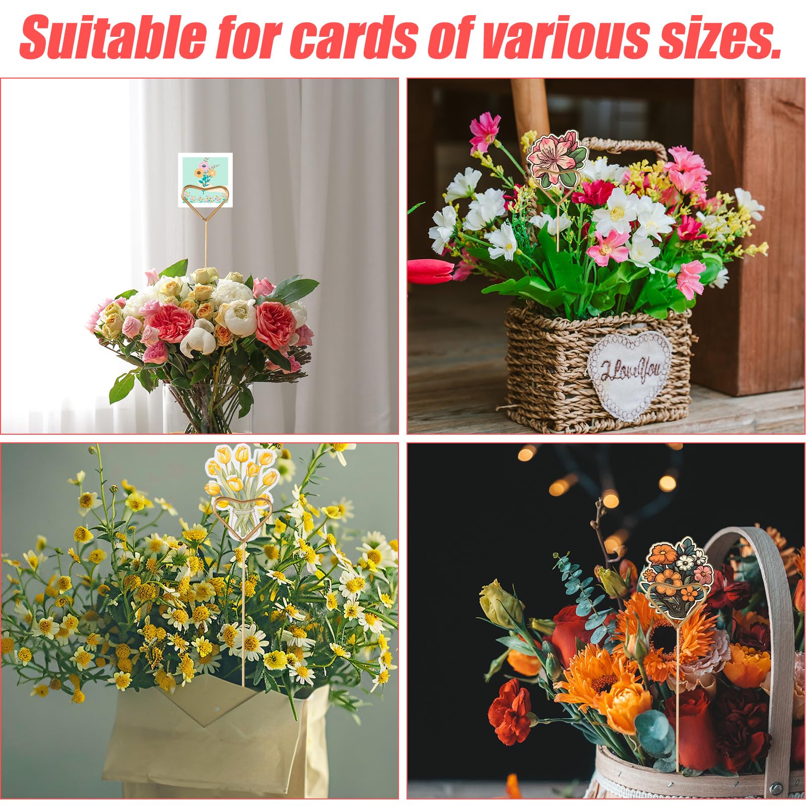 XIHIRCD 20pcs Floral Card Holder Picks, Metal Heart Shape Gift Card Holder Decorative Flower Photo Picture Sticks Clips Golden Card Holder Floral Arrangement for Wedding Party Valentines Centerpiece