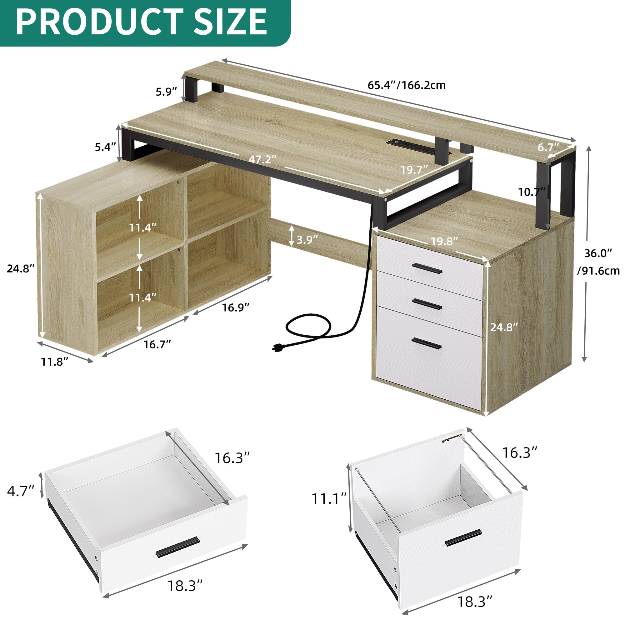 YITAHOME L Shaped Desk with Power Outlets, 65" Computer Desk with 3 Drawers & 4 Storage Shelves, Corner Office Desk with LED Lights & Printer Stand, Oak & White