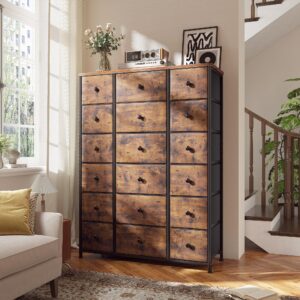 EnHomee 57.7" Dresser,Tall Dressers for Bedroom with 18 Drawers，Dressers & Chests of Drawers， Fabric Dresser with Wooden Top & Metal Frame,Living Room, Closet,Hallway,Rustic Brown