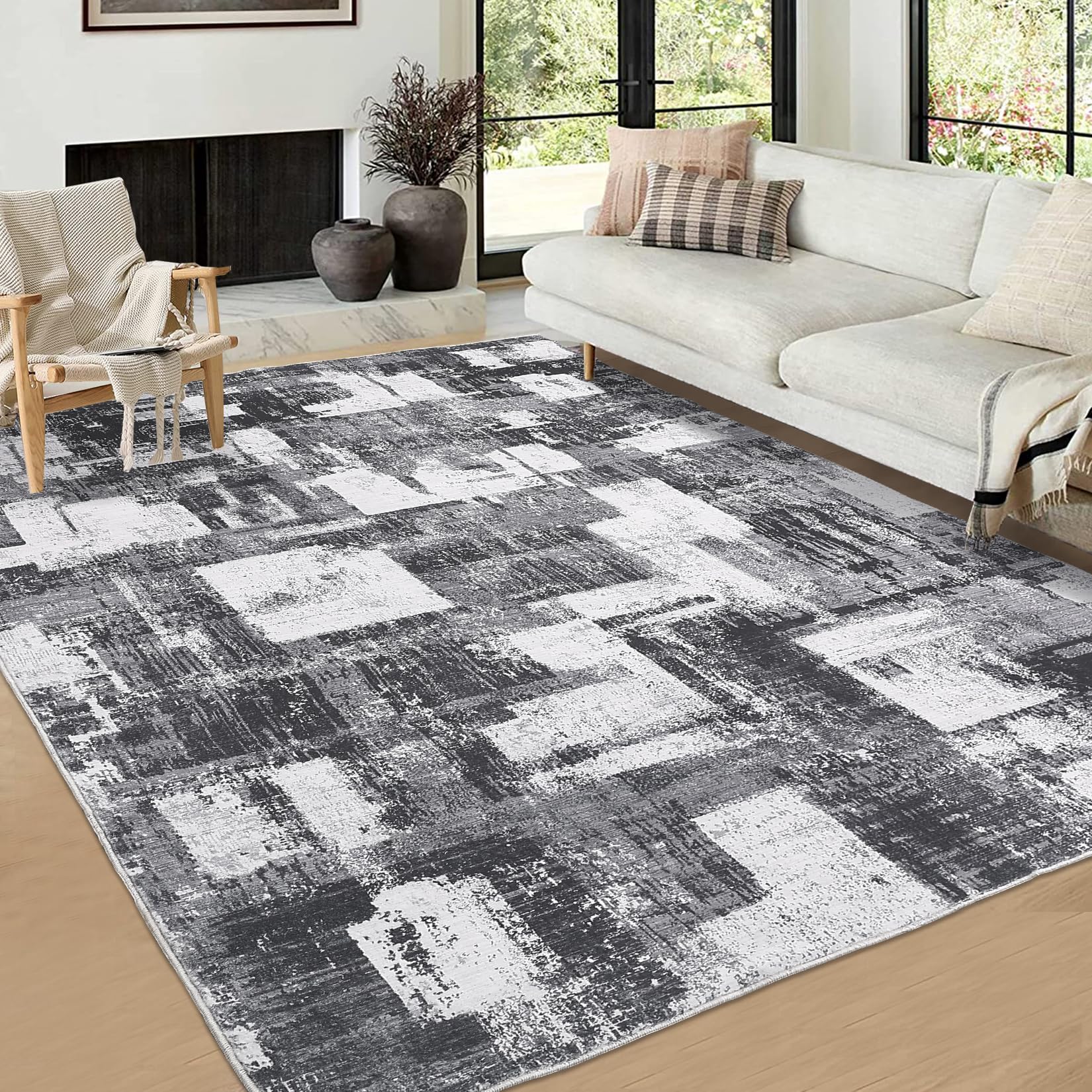 JOLENE.K Area Rug 8x10 Washable Rugs for Living Room Modern Ombre Bedroom Rugs Abstract Office Rug Non Slip Neutral Soft Nursery Rug Low Pile Farmhouse Floor Cover Black Grey