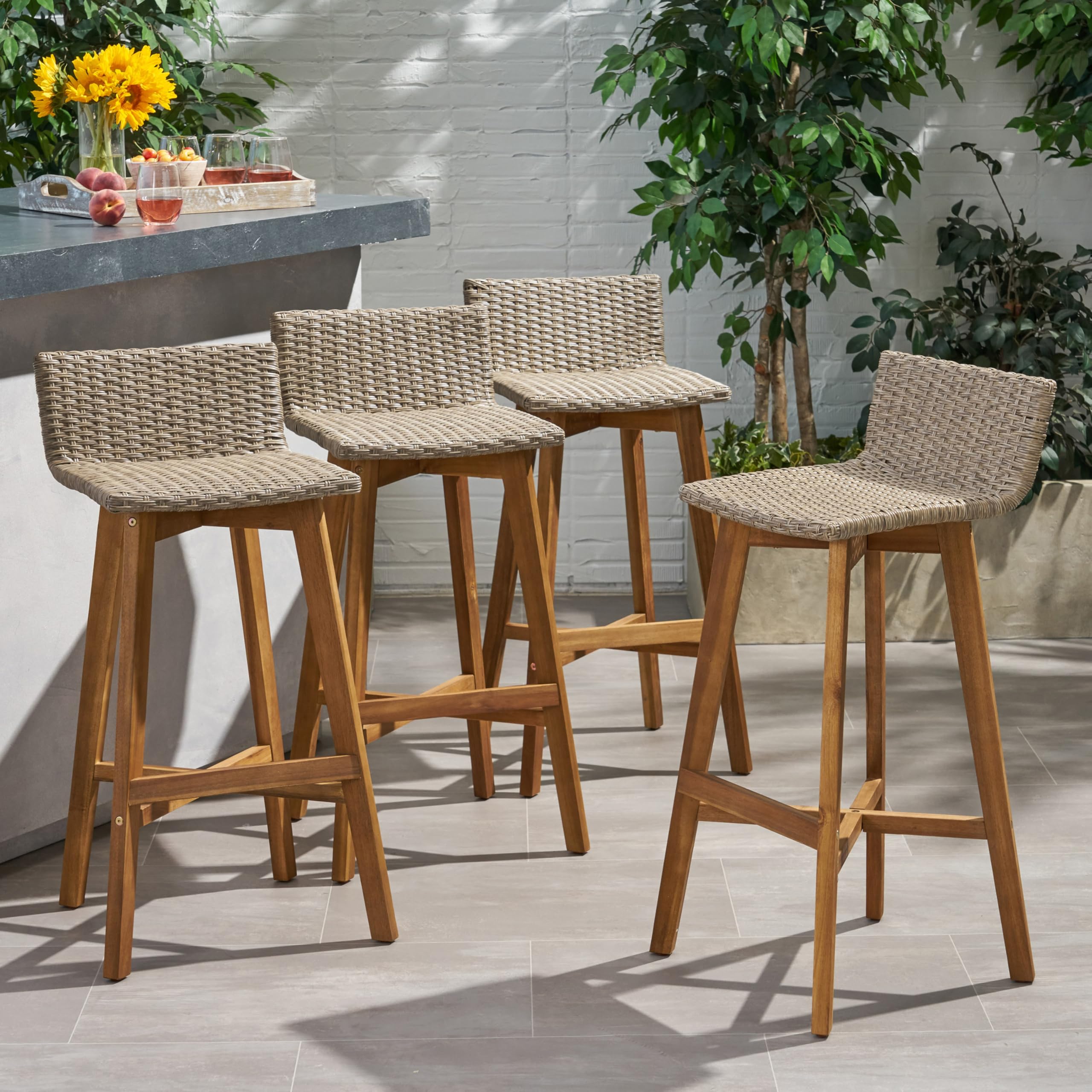 Christopher Knight Home La Brea Outdoor Acacia Wood and Wicker Barstools (Set of 4), Light Brown and Teak