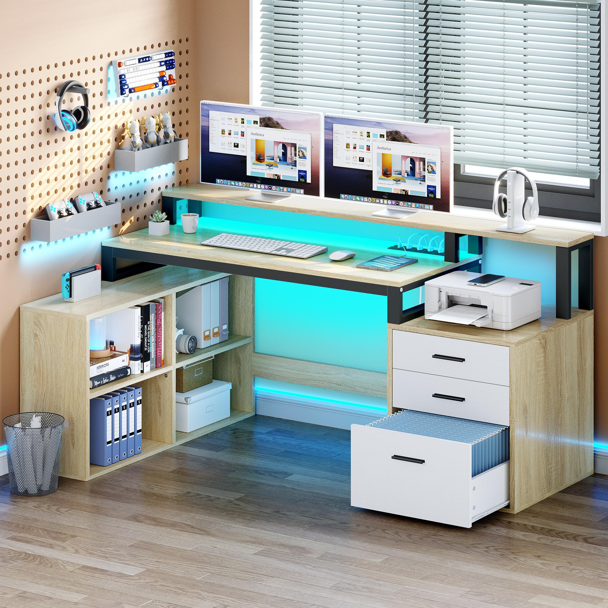 YITAHOME L Shaped Desk with Power Outlets, 65" Computer Desk with 3 Drawers & 4 Storage Shelves, Corner Office Desk with LED Lights & Printer Stand, Oak & White