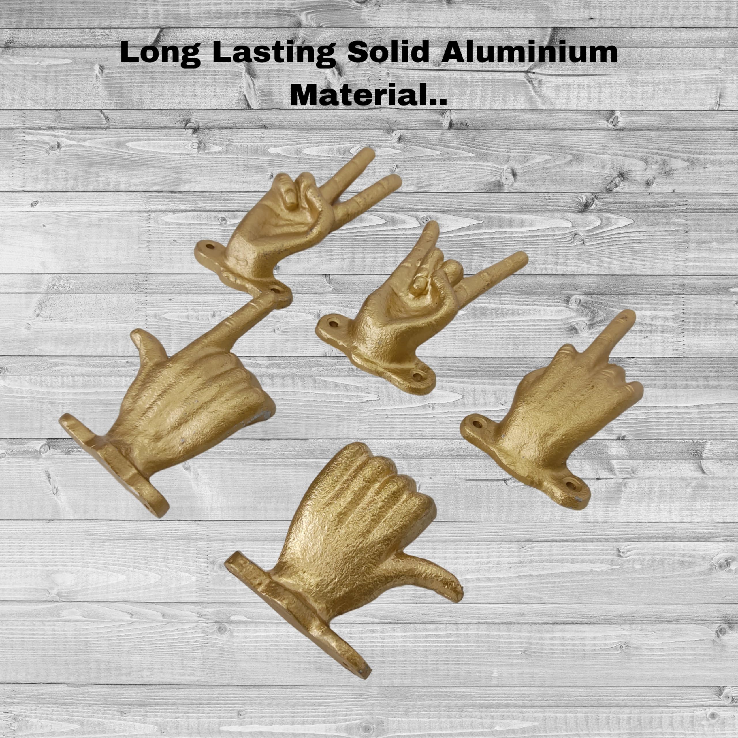 AYZCORP Set of 5 Hand Gesture Decorative Wall Hooks, 4 Inches High-Peace Sign-Rock On-Fun Finger-Thumbs up & Pointing Finger Gestures. Unique Stylish Key or Towel Hangers (Gold)