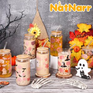 8 Pcs Pink Ghost Halloween Glasses Cups, 16 oz Cute Halloween Spooky Glass Cups with Lids and Straws Ghost Pumpkin Bat Iced Coffee Cups, Glasses Drinking for Halloween Party Gift