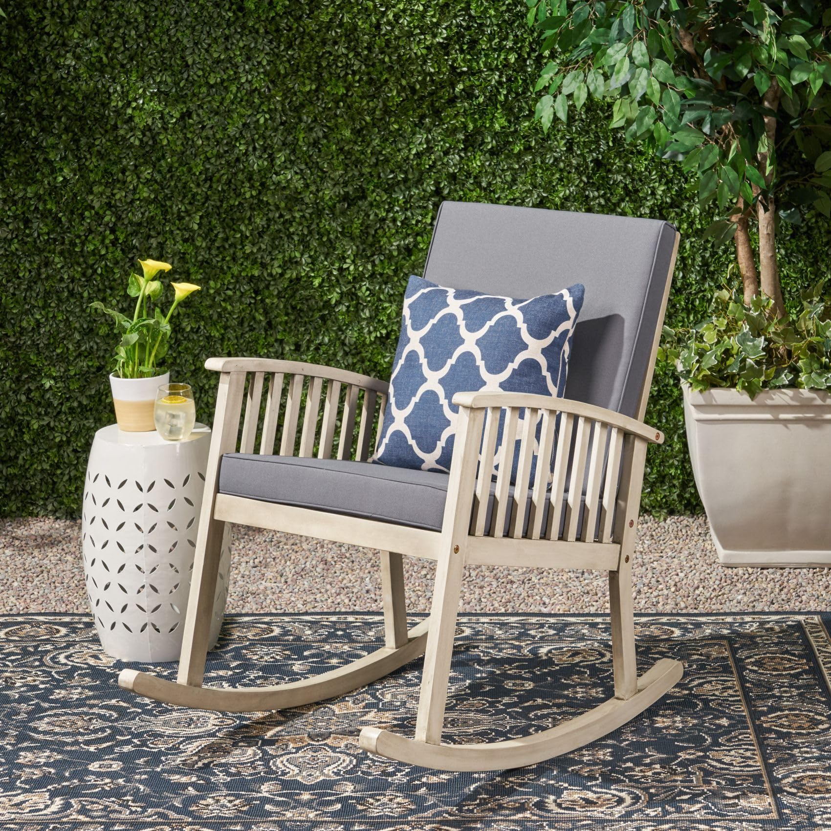 Merax Outdoor Rocking Chair, Acacia Wood Ready Lazy Sofa Seating with Cushion for Patio, Front Porch, Balcony, Indoor, Grey