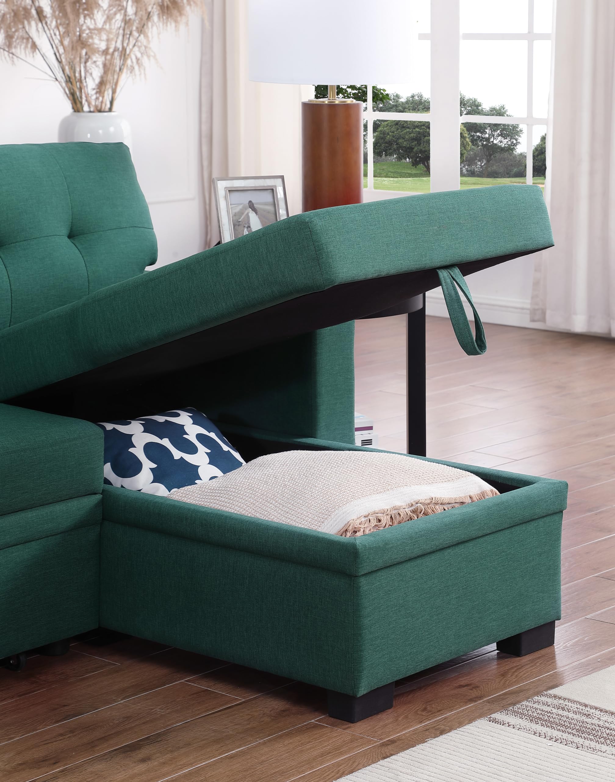 Acosure 92" L-Shape Sectional Pull Out Sofa Bed with Storage Chaise,Sleeper Couch W/USB & Cup Holder,Built-in Wood Shelf Armrest,3 Seat Linen Convertible Sofas for Living Room Office Flats,Green