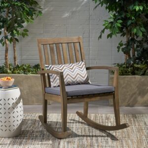 merax outdoor acacia wood rocking chair with water-resistant cushion for patio,garden,porch, dark grey