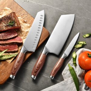 HAOCHUYI 3-Piece Professional Chef Knife Set - Ultra-Sharp Kitchen Knives with Ergonomic Wood Handle, Ideal for Home, Outdoor, Camping, BBQ, and Gifts for Men