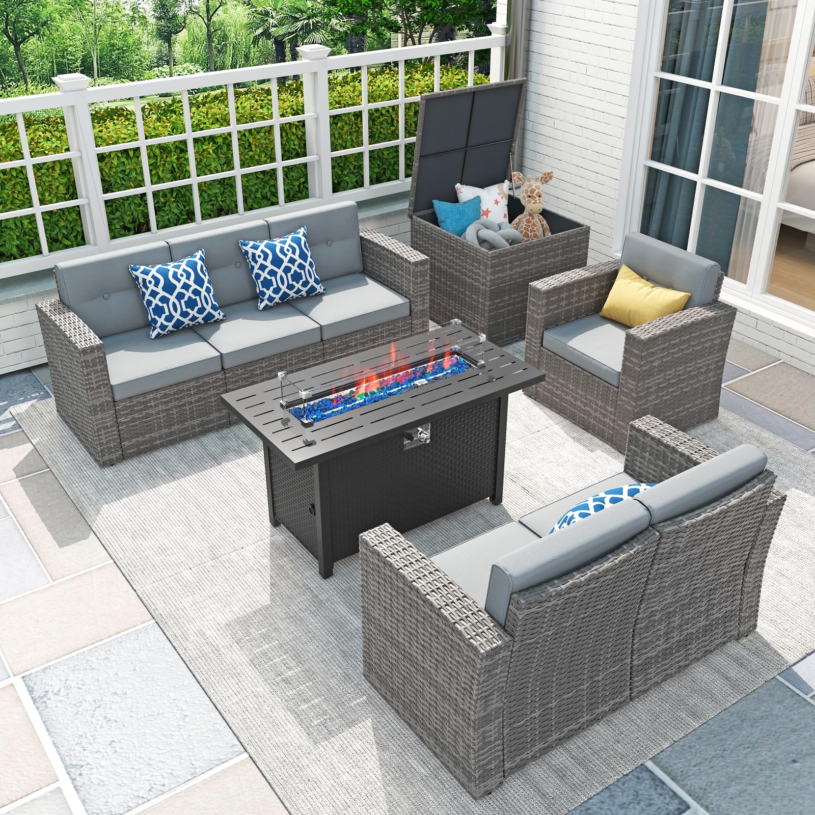 JOIVI 8 Pieces Patio Furniture Set with Fire Pit Table, Outdoor Patio Conversation Set, PE Wicker Sectional Sofa Set with Storage Box for Garden, Poolside, Backyard, 3 Blue Pillows Included, Grey