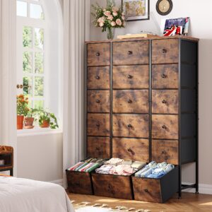 EnHomee 57.7" Dresser,Tall Dressers for Bedroom with 18 Drawers，Dressers & Chests of Drawers， Fabric Dresser with Wooden Top & Metal Frame,Living Room, Closet,Hallway,Rustic Brown