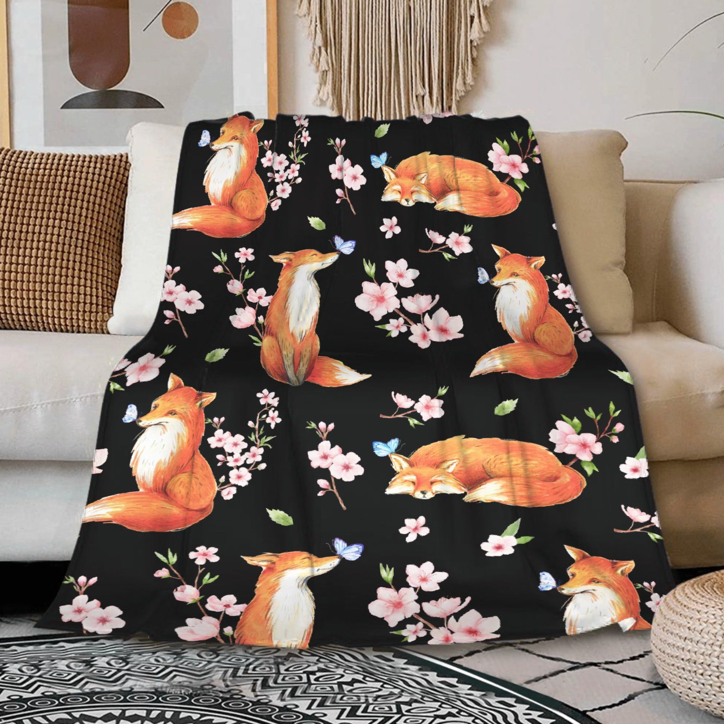 Fox Blanket Cherry Blossom Blanket Cozy Soft Lightweight Flannel Throw Fox Cherry Blossom Decor Gifts for Girls 50"x60"