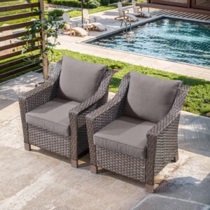 Outdoor Wicker Chair Set of 2-Outdoor Patio Chairs with Deep Seating Patio Dining Chairs for Deck Balcony Poolside Backyard-Brown/Grey