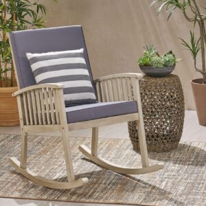 Merax Outdoor Rocking Chair, Acacia Wood Ready Lazy Sofa Seating with Cushion for Patio, Front Porch, Balcony, Indoor, Grey