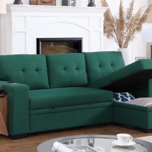 Acosure 92" L-Shape Sectional Pull Out Sofa Bed with Storage Chaise,Sleeper Couch W/USB & Cup Holder,Built-in Wood Shelf Armrest,3 Seat Linen Convertible Sofas for Living Room Office Flats,Green