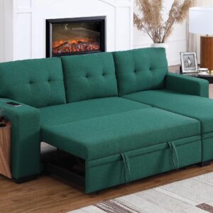 Acosure 92" L-Shape Sectional Pull Out Sofa Bed with Storage Chaise,Sleeper Couch W/USB & Cup Holder,Built-in Wood Shelf Armrest,3 Seat Linen Convertible Sofas for Living Room Office Flats,Green