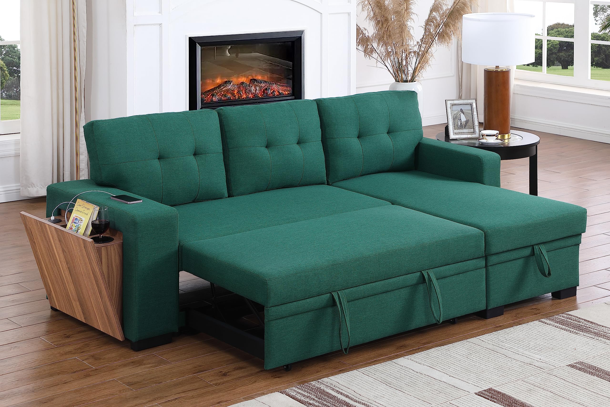 Acosure 92" L-Shape Sectional Pull Out Sofa Bed with Storage Chaise,Sleeper Couch W/USB & Cup Holder,Built-in Wood Shelf Armrest,3 Seat Linen Convertible Sofas for Living Room Office Flats,Green