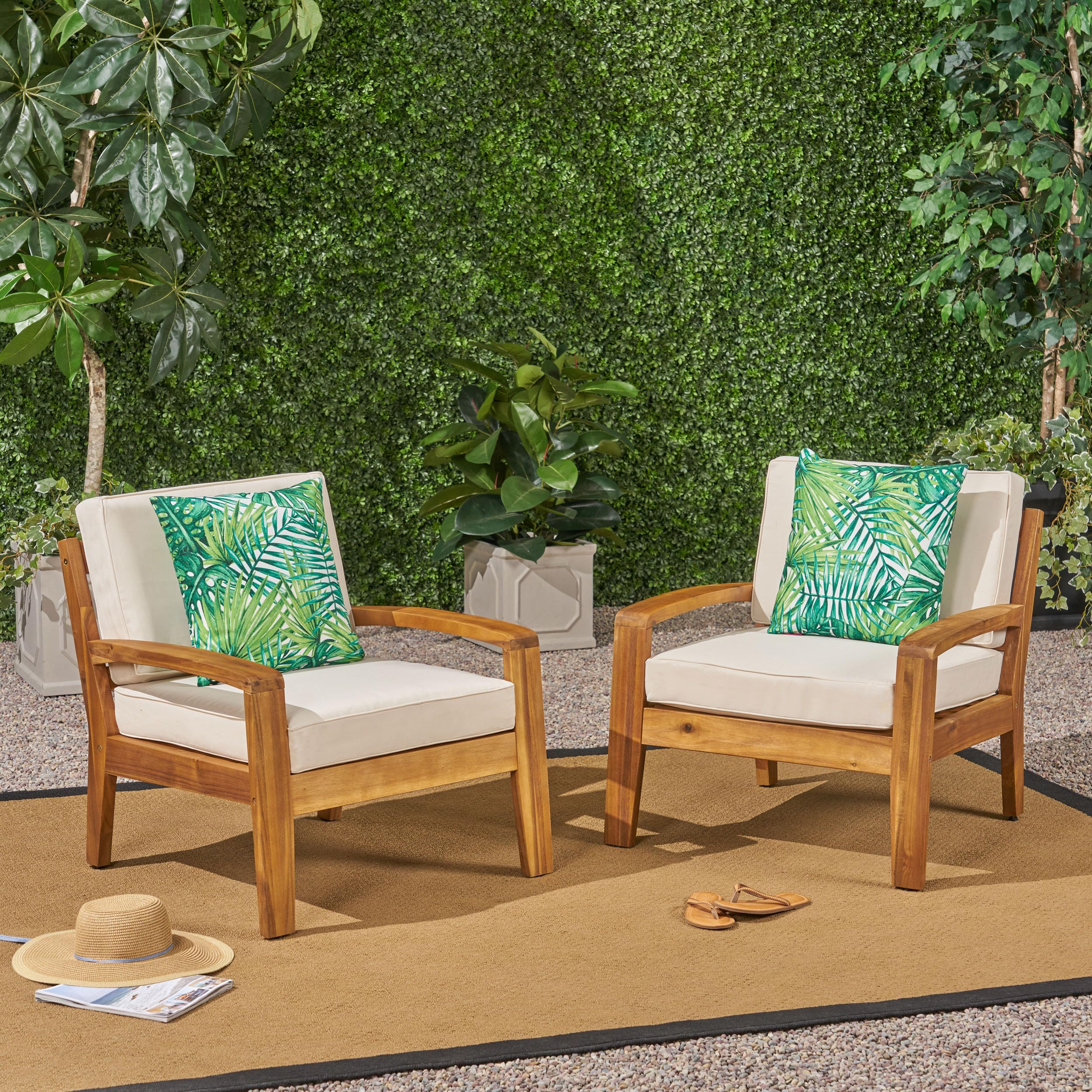 Christopher Knight Home Outdoor Acacia Wood Club Chairs with Cushions (Set of 2), Teak and Beige