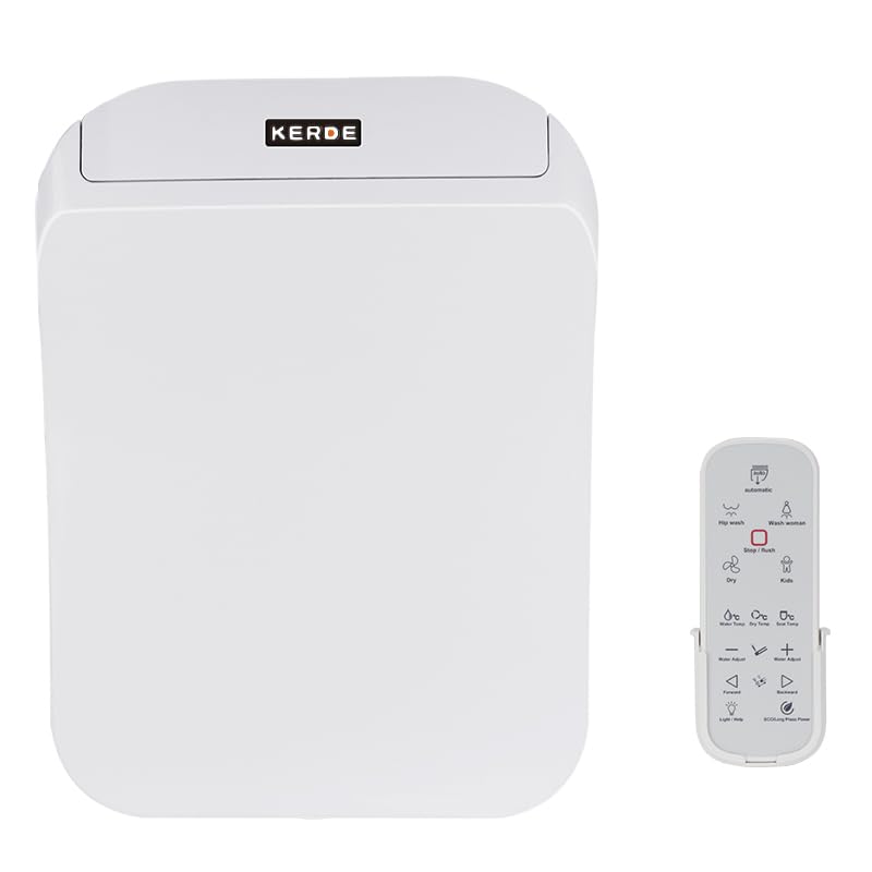 KERDE 08A Electric Bidet Toilet Seat,Remote Control,Warm Water Cleansing, Heated Seat,Adjustable Temperature Settings, Moving Nozzle Massage,White,Night Light,Bidets for Existing Toilets.Square